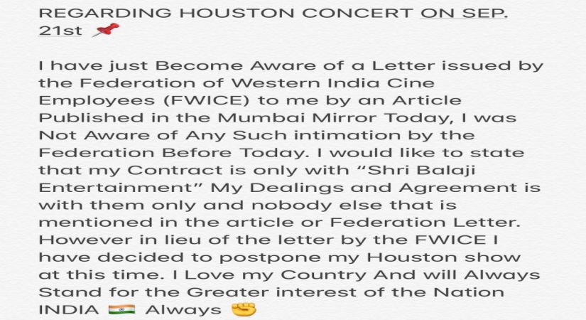 Singer-actor Diljit Dosanjh, who was scheduled to perform in the US on September 21 at a show promoted by Pakistani national Rehan Siddiqi, has been asked by the Federation of Western India Cine Employees (FWICE) to âcancel his commitment in the interest of sentiments and dignity" of India.