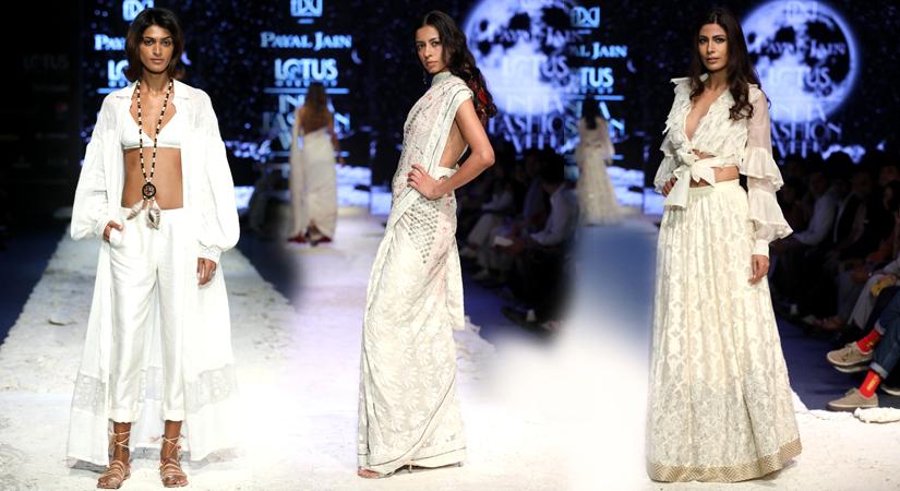 Model showcasing outfit from Crescent Moon collection by Designer Payal Jain at LMIFW SS 20