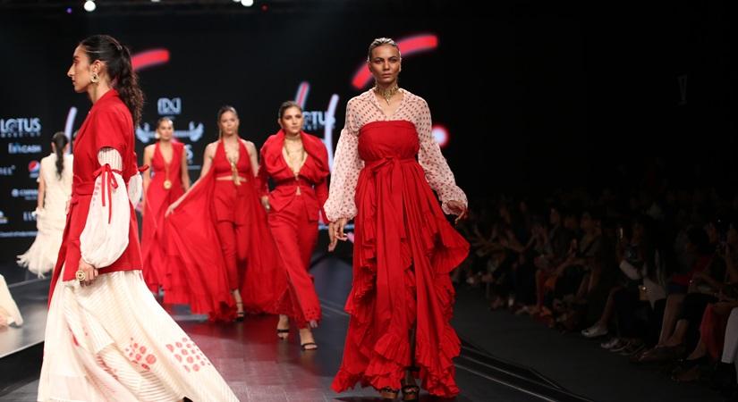Models walk the ramp showcasing fashion designer Nidhika Shekhar's creations on the third day of Lotus Make-up India Fashion Week, in New Delhi on Oct 11, 2019. (Photo: Amlan Paliwal/IANS)