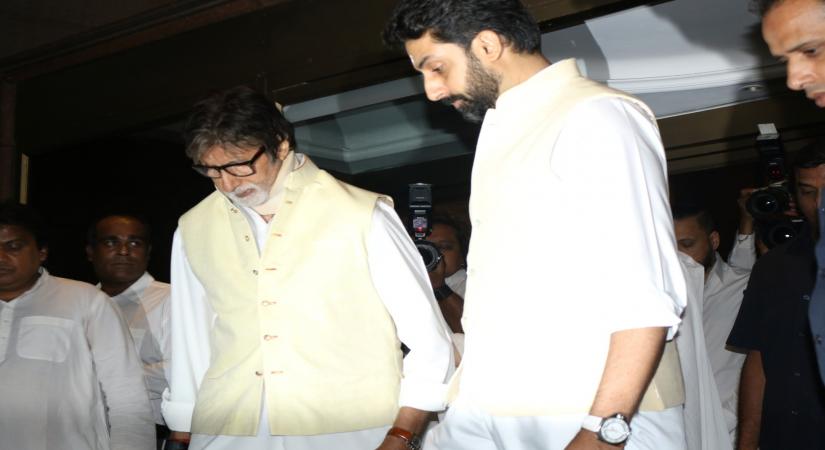 Mumbai: Actors Amitabh Bachchan, Aishwarya Rai and Abhishek Bachchan during the prayer meeting for Aishwarya Rai Bachchan's father Krishnaraj Rai in Mumbai on March 21, 2017. (Photo: IANS)
