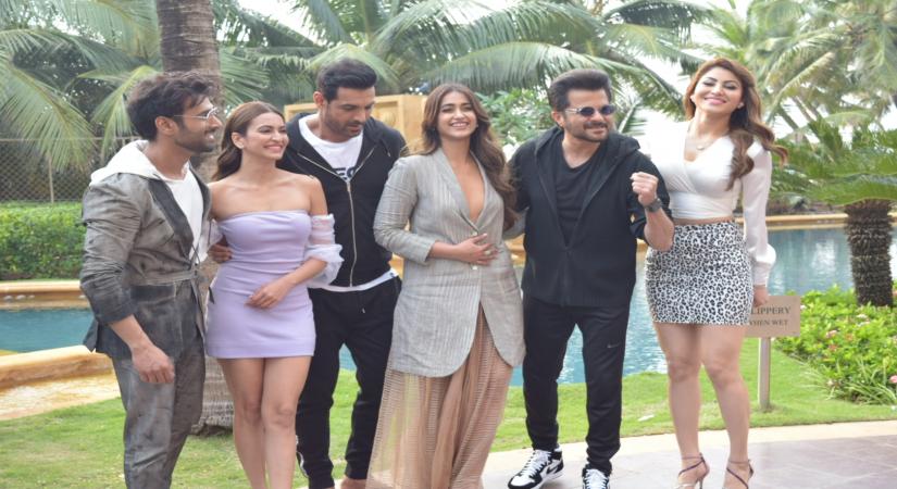 Mumbai: Actors Pulkit Samrat, Kriti Kharbanda, John Abraham, Illeana D'Cruz, Anil Kapoor and Urvashi Rautela during the promotions of their upcoming film "Pagalpanti" in Mumbai on Nov 19, 2019. (Photo: IANS)