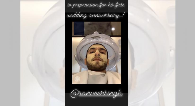 Actress Deepika Padukone shared a glimpse of her actor husband Ranveer Singh's beauty preparations for their first wedding anniversary. Deepika took to her Instagram stories, where she posted a photograph of the "Gully Boy" star getting beauty treatments.