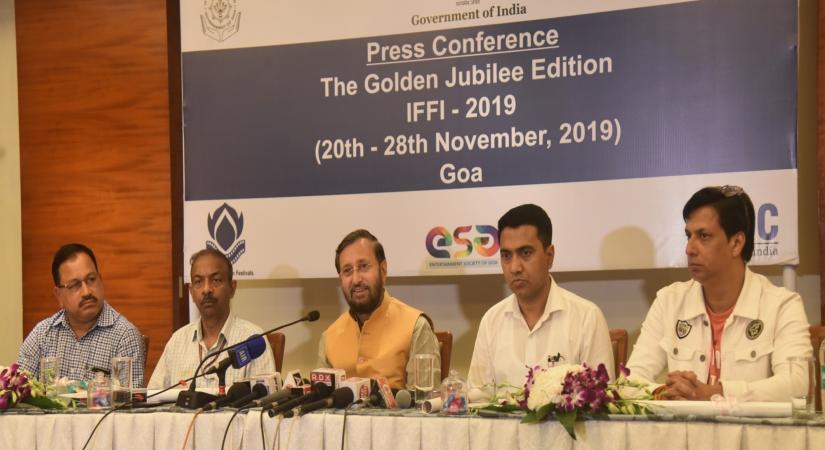 Panaji: Union Information and Broadcasting Minister Prakash Javadekar accompanied by Goa Chief Minister Pramod Sawant, Information and Broadcasting Secretary Amit Khare, film director Madhur Bhandarkar, Entertainment Society of Goa (ESG) Vice Chairperson Subhash Phal Dessai, addresses a press conference on First Steering Committee Meeting for IFFI, 2019 in Panaji, on July 14, 2019. (Photo: IANS)