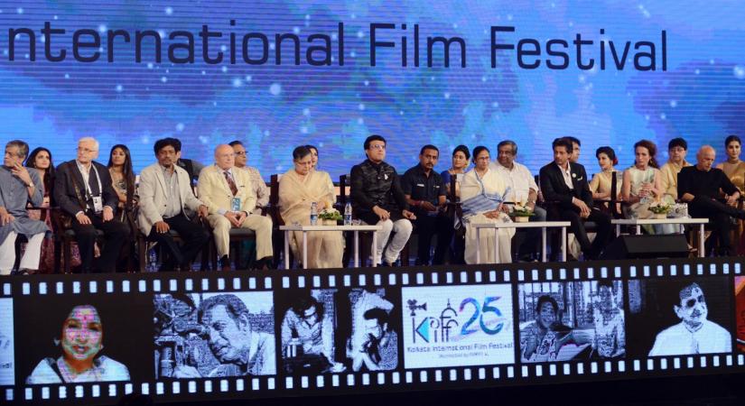 Kolkata: West Bengal Chief Minister Mamata Banerjee, Cabinet Minister Firhad Hakim, BCCI President Sourav Ganguly, filmmaker Mahesh Bhatt and actors Shah Rukh Khan, Rakhee Gulzar and Indrani Haldar at the inaugural session of the 25th Kolkata International Film festival, in Kolkata on Nov 8, 2019. (Photo: Kuntal Chakrabarty/IANS)