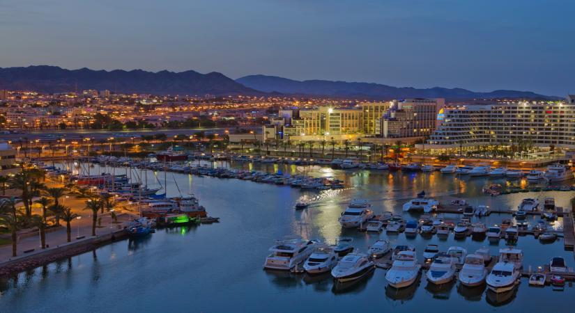 A panoramic view of the Eilat Marina at night. Photo credit - Dafna Tal and Israel Ministry of Tourism