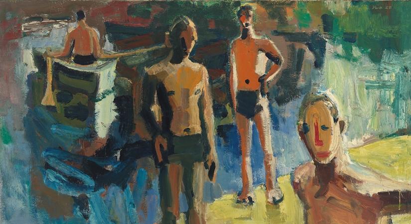 David Park, Four Men, 1958; Whitney Museum of American Art, purchase, with funds from an anonymous donor; (c) Estate of David Park; courtesy Natalie Park Schutz, Helen Park Bigelow, and Hackett Mill, San Francisco