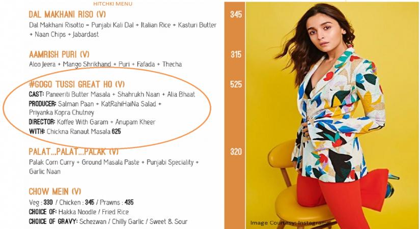 Cinephiles can take a step further to show their love for their favourite stars now by gorging on sumptuous dishes themed around actors like Alia Bhatt, Shah Rukh Khan and Salman Khan here. Hitchki, a restaurant here, unveiled a Bollywood thali, called "Gogo Tussi Great Ho -In line with its core theme of nostalgia and memories.