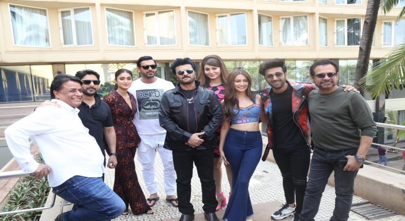Mumbai: Director Anees Bazmee with actors Arshad Warsi, Anil Kapoor, Pulkit Samrat, John Abraham, Kriti Kharbanda, Illeana D'Cruz and Urvashi Rautela during the promotions of their upcoming film "Pagalpanti" in Mumbai on Nov 14, 2019. (Photo: IANS)
