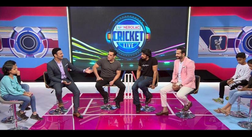 Actors Salman Khan, Kiccha Sudeep and former India cricketer Irfan Pathan at the Star Sports' pre-show Nerolac Cricket Live.