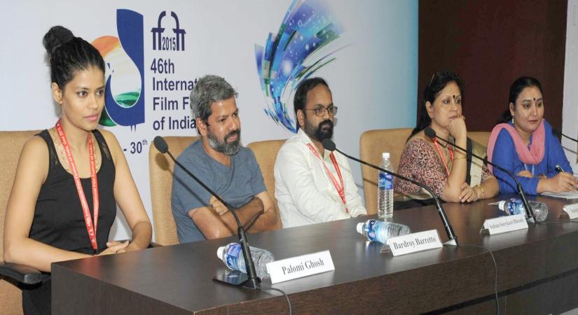 Panaji: The Director of Ã¢ÂÂONYO OPALAAÃ¢ÂÂ Satarupa Sanyal, the Director of Ã¢ÂÂNACHOM-IA KUMPASARÃ¢ÂÂ Bardroy Barretto, the Director of Ã¢ÂÂKOTIÃ¢ÂÂ, Suhaas Surykant Bhosale and actress Palomi Ghosh addresses a press conference, at the 46th International Film Festival of India (IFFI-2015), in Panaji, Goa on Nov 23, 2015. (Photo: IANS/PIB)
