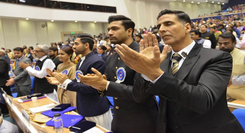 New Delhi: Filmmaker Sanjay Leela Bhansali and actors Keerthy Suresh, Ayushmann Khurrana, Vicky Kaushal and Akshay Kumar during 66th National Film Awards in New Delhi on Dec 23, 2019. (Photo: IANS)