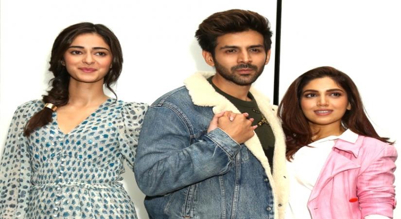 Actors Ananya Panday, Kartik Aaryan and Bhumi Pednekar during the promotion of their upcoming film "Pati Patni Aur Woh"