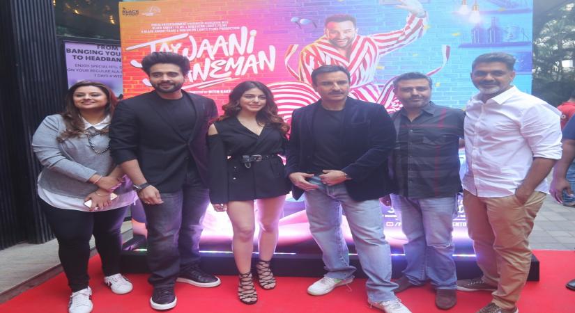 Mumbai: Director Nitin Kakkar with actors Saif Ali Khan, Alaya Alaia Furniturewalla and Jackky Bhagnani during the promotions of their upcoming film "Jawaani Jaaneman" in Mumbai on Jan 14, 2020. (Photo: IANS)
