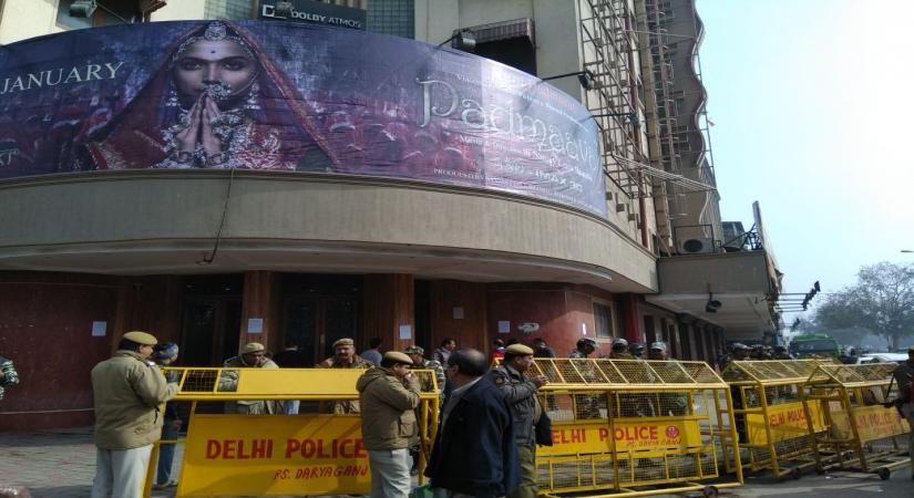 New Delhi: Security beefed up outside a Delhi cinema hall in the wake of ongoing protests against the release of film "Padmaavat", on Jan 25, 2018. (Photo: IANS)