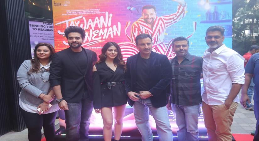 Mumbai: Director Nitin Kakkar with actors Saif Ali Khan, Alaya Alaia Furniturewalla and Jackky Bhagnani during the promotions of their upcoming film "Jawaani Jaaneman" in Mumbai on Jan 14, 2020. (Photo: IANS)