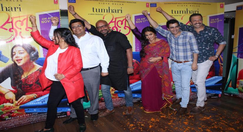 Mumbai: Actors Manav Kaul, Vidya Balan, producer Atul Kasbekar and director Suresh Triveni during a programme organized to celebrate the success of their film "Tumhari Sulu" in Mumbai on Nov 22, 2017. (Photo: IANS)