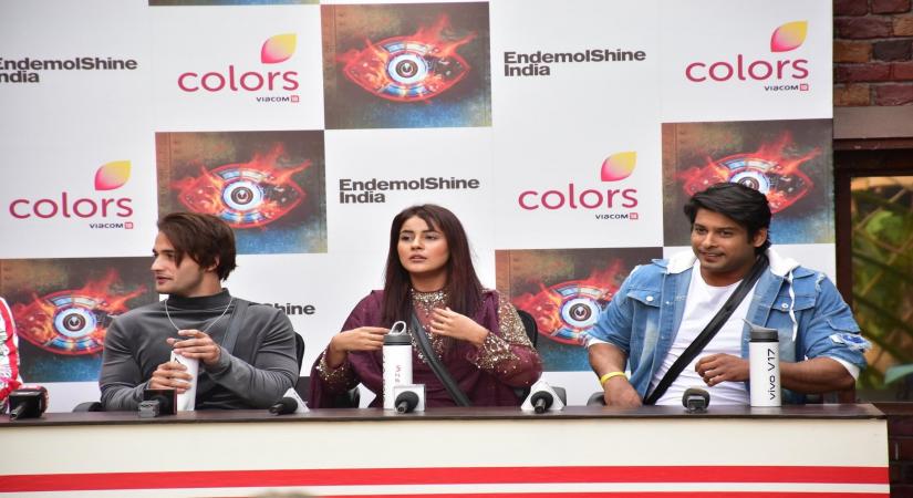 Mumbai: Model Asim Riaz and actors Shehnaz Kaur Gill and Siddharth Shukla at Bigg Boss 13 press conference, in Mumbai on Feb 5, 2020. (Photo: IANS)