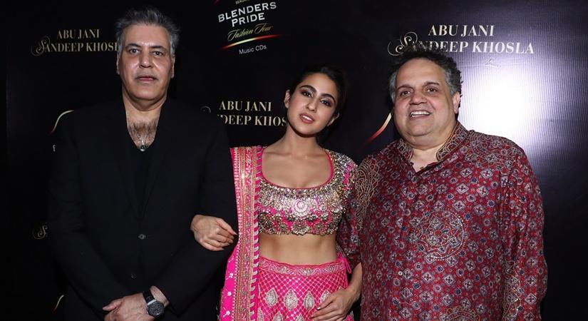 Designer Abu Jani, showstopper Sara Ali Khan and designer Sandeep Khosla walking the ramp at Blenders Pride Fashion Tour 2019-20 in New Delhi