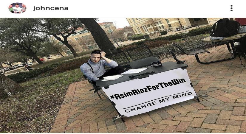 "Bigg Boss 13" is just a few days away from its finale, and Asim Riaz has Hollywood star John Cena rooting for his victory. After posting a picture of Asim on Instagram a few days ago without any caption, Cena has now once again shared a picture of the "Bigg Boss" contestant. This time, the image has the hashtag Ã¢ÂÂAsim Riaz For The WinÃ¢ÂÂ written on it.