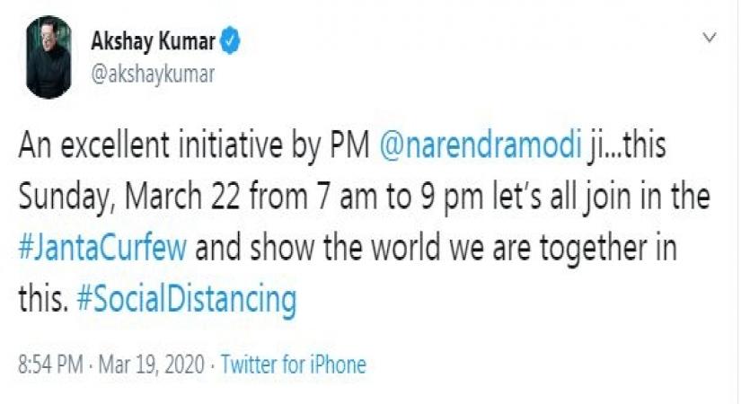 Kamal Hassan tweeted: "I stand in full solidarity with our Prime MinisterÃ¢ÂÂs call for #JantaCurfew. In this extraordinary situation, we have to take extraordinary measures. ItÃ¢ÂÂs a disaster that has befallen on us and by staying united and indoors, we can Stay Safe. I call upon my fans,my friends and my people in support of the cause on 22nd March Sunday, 7am to 9pm  #JantaCurfew"