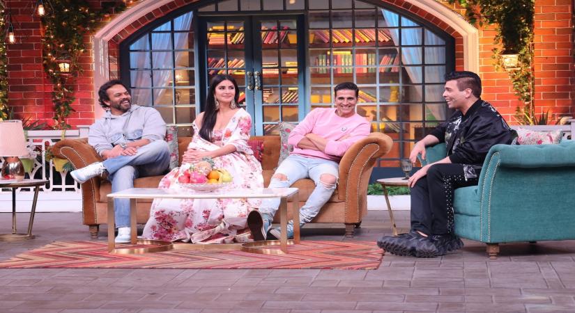 Film "Sooryavanshi" director Rohit Shetty, producer Karan Johar and actors Akshay Kumar and Katrina Kaif on the sets of "The Kapil Sharma Show".