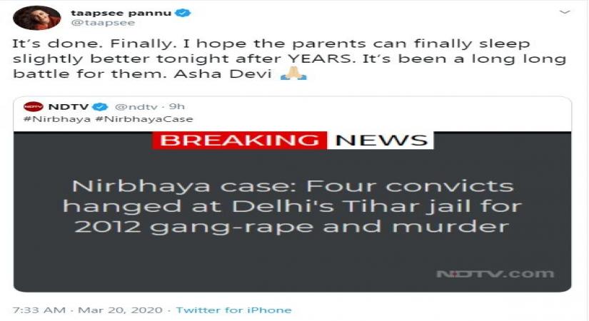 "ItÃ¢ÂÂs done. Finally. I hope the parents can finally sleep slightly better tonight after YEARS. ItÃ¢ÂÂs been a long long battle for them. Asha Devi," Taapsee Pannu tweeted.