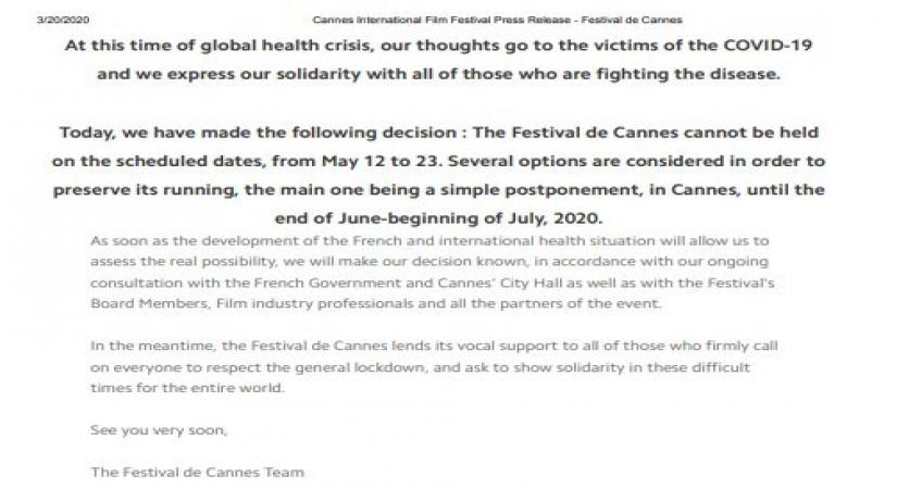 The 73rd edition of The Cannes Film Festival has been postponed in the wake of coronavirus outbreak. The festival's organisers on Thursday issued a statement, confirming the delay in the gala, which was scheduled to take place in May. (Photo Courtesy: Festival de Cannes)