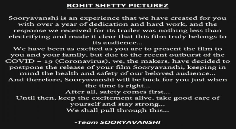 The wait for Akshay KumarÃ¢ÂÂs Ã¢ÂÂSooryavanshiÃ¢ÂÂ just got a bit longer. The film has been delayed indefinitely amid the coronavirus outbreak. Akshay along with the team shared the news about the postponement over social media. It was scheduled to release on March 24.
