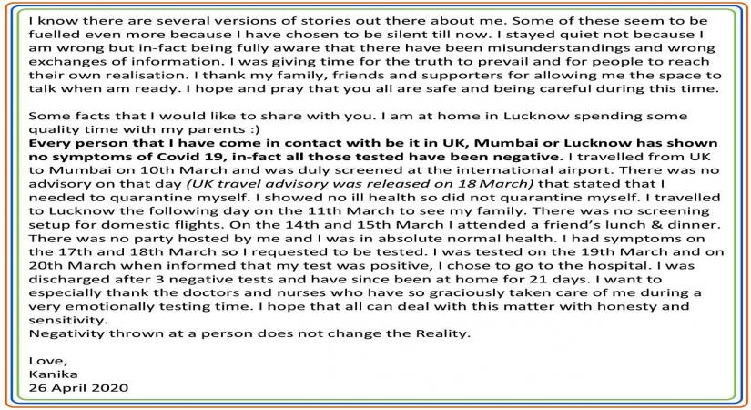 Kanika Kapoor speaks up after recovering from COVID-19.