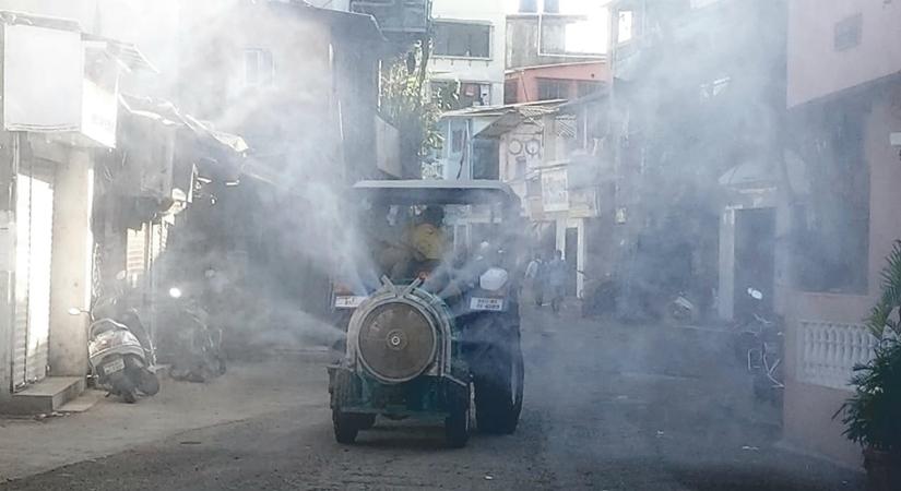 Sanitization drive being conducted by the Brihan Mumbai Municipal Corporation (BMC) workers in Mumbai's Dharavi.