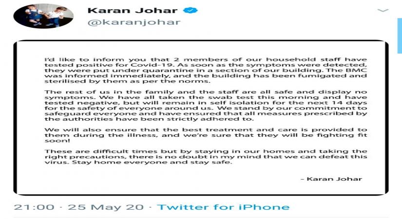Photos for Karan Johar on self-isolation after two household staff test COVID-19 positive.
