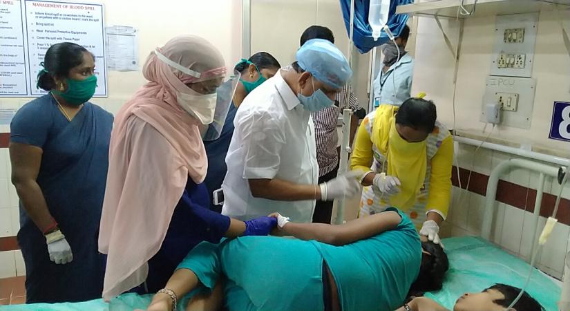 Visakhapatnam: Victims of the gas leakage at the LG Polymers unit located at RR Venkatapuram near Gopalapatnam in Visakhapatnam, Andhra Pradesh that left one minor among 7 people dead, more than 70 left unconscious, with at least five sleeping hamlets affected, receieving treatment at a Visakhapatnam hospital on May 7, 2020. (Photo: IANS)