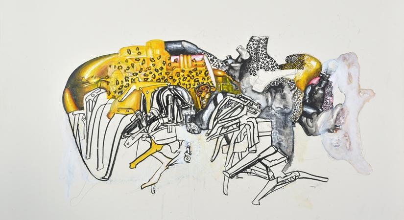Landscape of a defunct harvest machine_Gouache, charcoal, acrylic and paper on mount board 32x42 inches