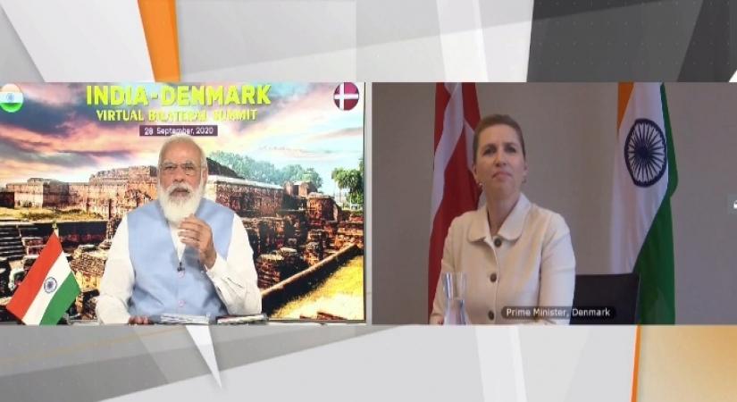 New Delhi: Prime Minister Narendra Modi and Denmark Prime Minister Mette Frederiksen hold a virtual bilateral summit via video conferencing, on Sep 28, 2020. (Photo: IANS)