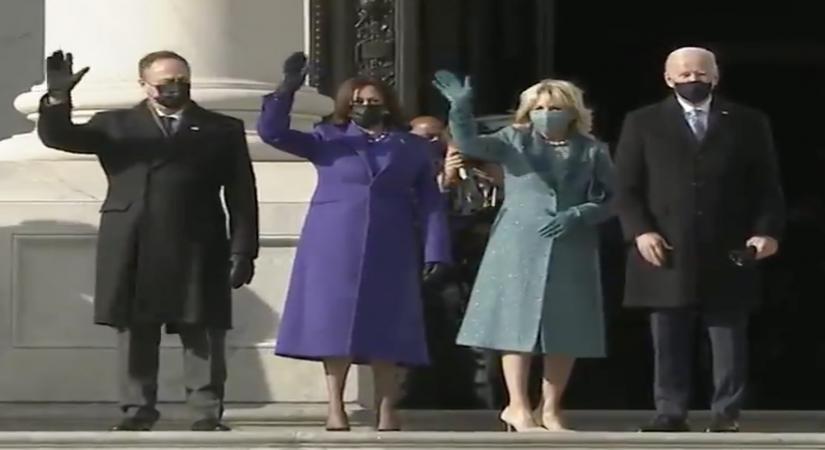 Right to left: Second Gentleman Doug Emhoff, Vice President Kamala Harris, First Lady Dr Jill Biden, President Joe Biden. Source: IANS 