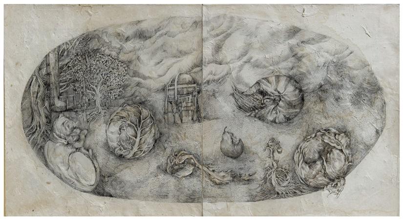 Meghna Patpatia; Confinement, 2020 (Ink on paper & textile)