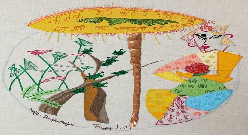 Bhande bahara Embroidery & sketch on linen by  Dr. Jaspal Singh Kalra