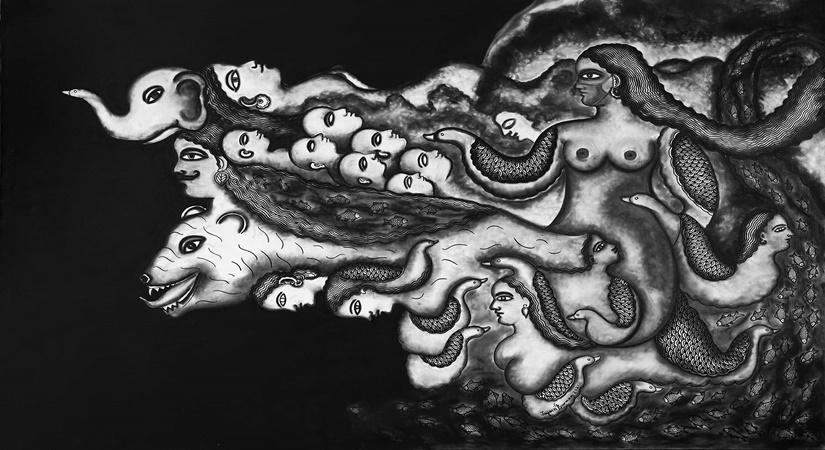 Jayasri Burman,  Jahnavi II, 6 x 9 Feet, Charcoal Acrylic on Canvas, 2021