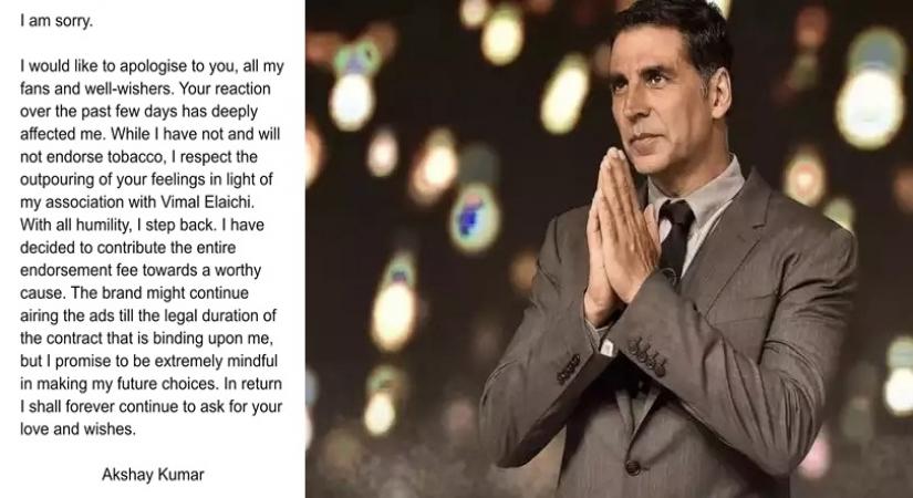 Akshay Kumar issues apology for starring in tobacco brand TVC, decides to step back.