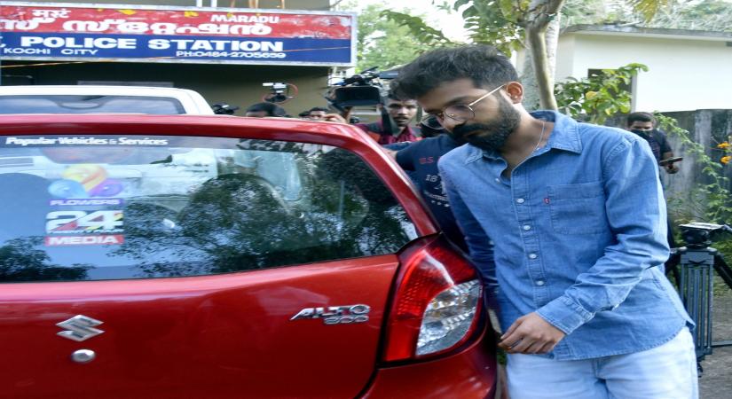 Kochi:Actor Sreenath Bhasi coming out from Maradu police station in Kochi on Monday September 26,2022. The actor accused of verbally abusing a female reporter during an interview.(Photo: Arun chandrabos/IANS)