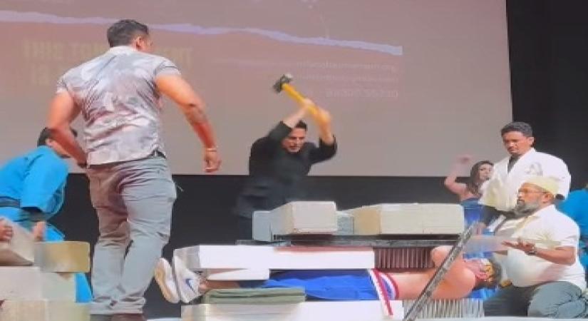 Akshay breaks bricks with hammer
