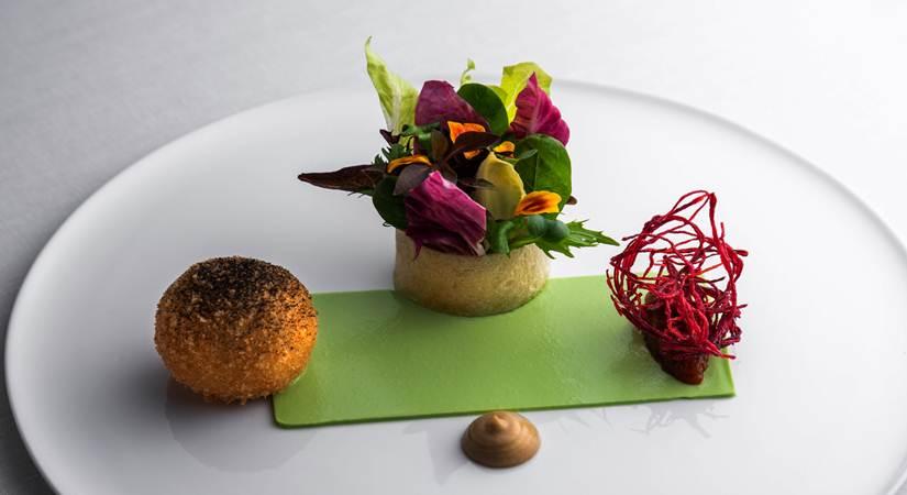 Chickpea and Lenil croquette, aubergine purée, tomato marmalade