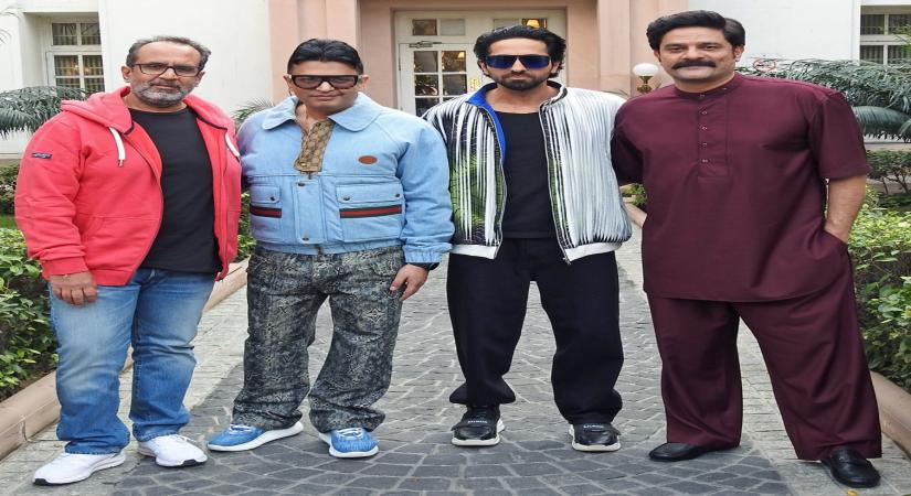 New Delhi: Bollywood film directors Bhushan Kumar, Aanand L Rai and actors Ayushmann Khurrana and Jaideep Ahlawat pose for a photograph during a promotion of their upcoming film 'Action Hero', in New Delhi on Tuesday, November 29, 2022. (Photo: Anupam Gautam/IANS)