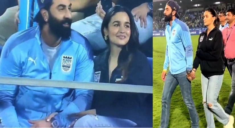 Ranbir, Alia hold hands, enjoy football match from stands.(photo:twitter)