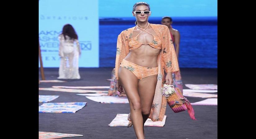 Model in a peach motif bikini from Flirtatious