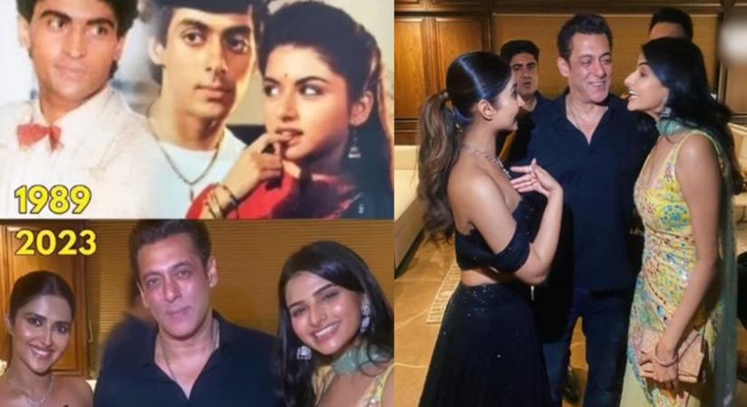 Salman Khan gets clicked with Bhagyashree, Mohnish Bahl's daughters.(Photo credit:instagram)