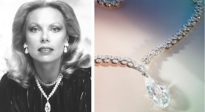 Heidi Horten wearing the Briolette of India, a 90 cts, D-colour diamond necklace by Harry Winston,  Estimate on request – copyright The Heidi Horten Foundation