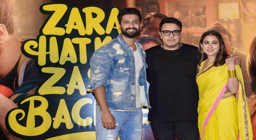 Mumbai: Actors Vicky Kaushal and Sara Ali Khan pose for a photo during the trailer launch of their upcoming film Zara Hat ke Zara Bach ke, in Mumbai on Monday, May 15, 2023. (Photo: Sanjay Tiwari/IANS)