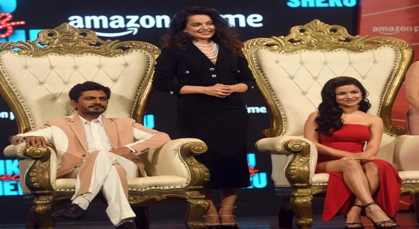 Mumbai: Bollywood actress and producer Kangana Ranaut along with actors  Avneet Kaur and Nawazuddin Siddiqui during the trailer launch of their film 'Tiku weds Sheru', on Wednesday, June 14, 2023. The film is produced by Manikarnika Films, owned by Kangana Ranaut. (Photo: IANS)