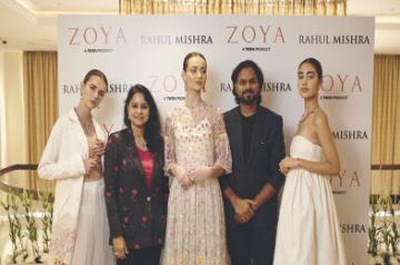 (L-R) Models wearing ZOYA - A Tata Product, Ms. Revathi Kant - Chief Design Officer, Titan Company Limited, Ace fashion couturier - Rahul Mishra